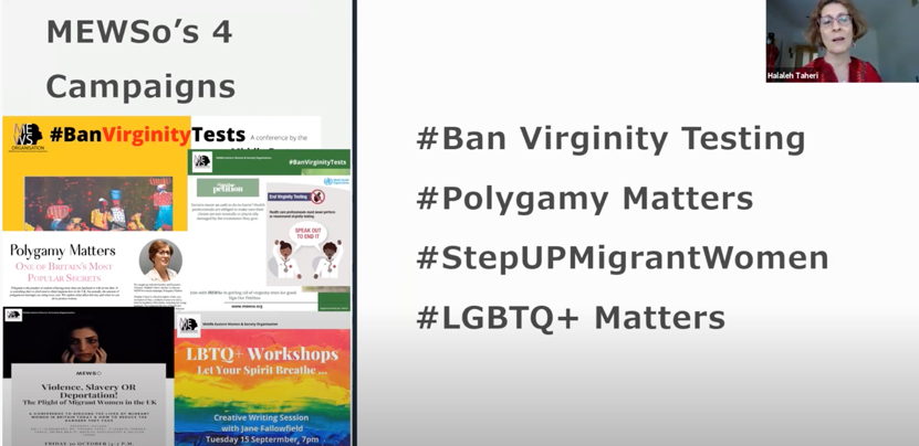 Halaleh presenting during the event, with a slide listing MEWSo's 4 campaigns: #Ban Virginity Testing, #Polygamy Matters, #StepUPMigrantWomen and #LGBTQ+ Matters