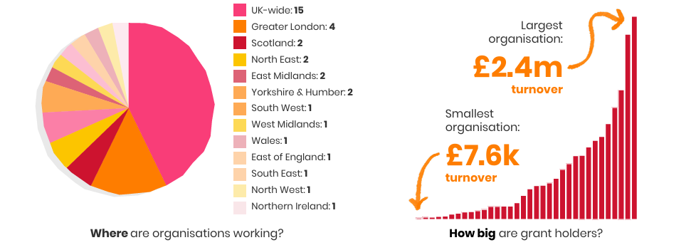 Where are organisations working - pie chart showing 15 organisations are working UK wide with the remainder spread across the UK.
